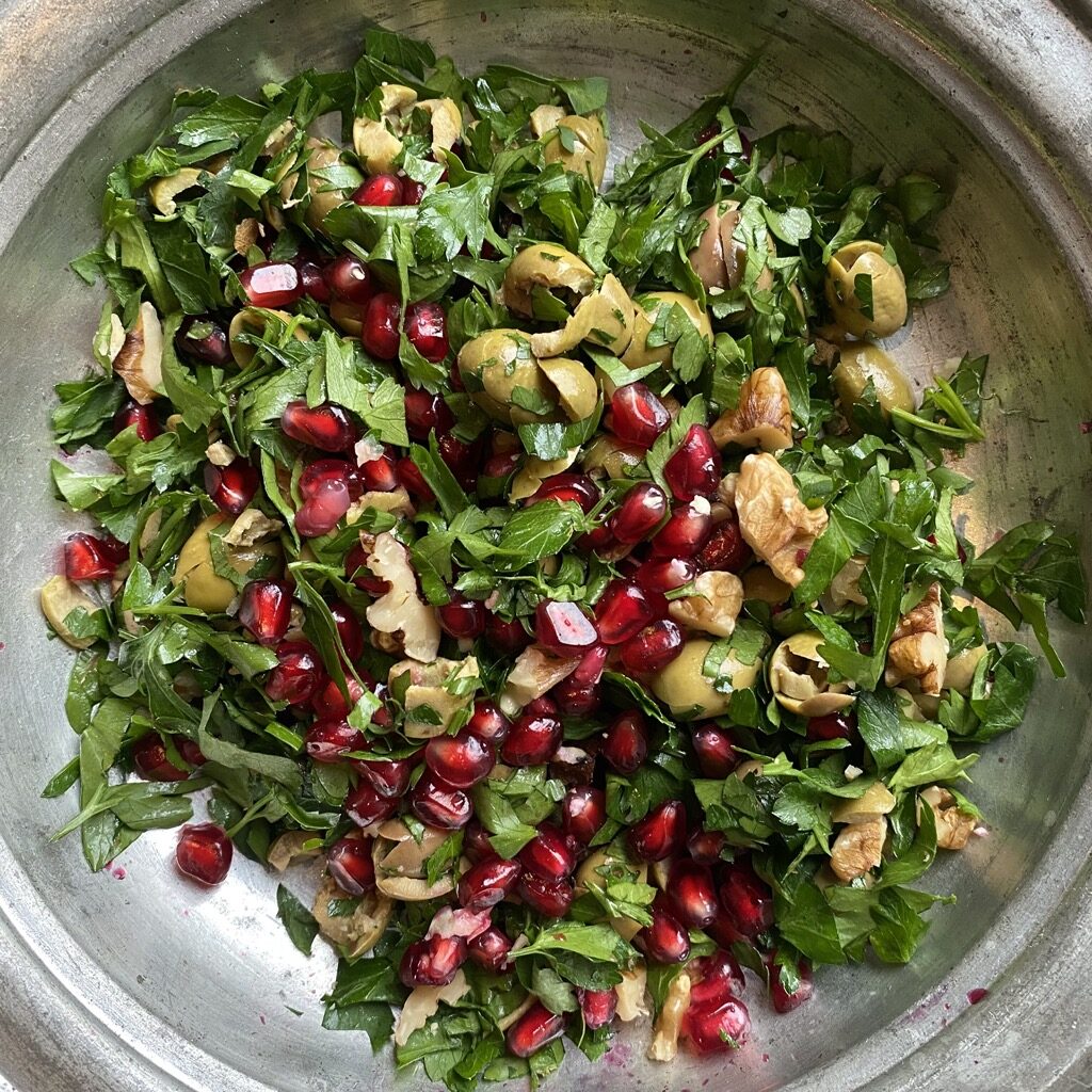 green olives and pomegranate molasses salad