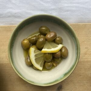 souri green cracked olives dressed with lemon and extra virgin olive oil