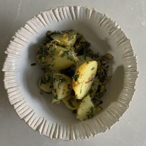 potato salad with green olive tapenade
