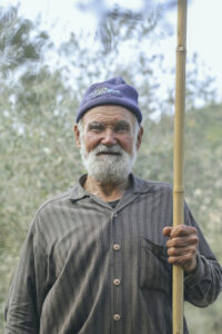 Mohammad carrying a stick for olive harvest in north Lebanon