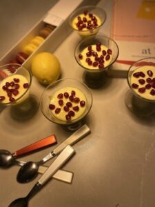 lemon and saffron posset with pomegranate seeds