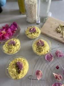 saffron rice pudding with crystallised rose petals