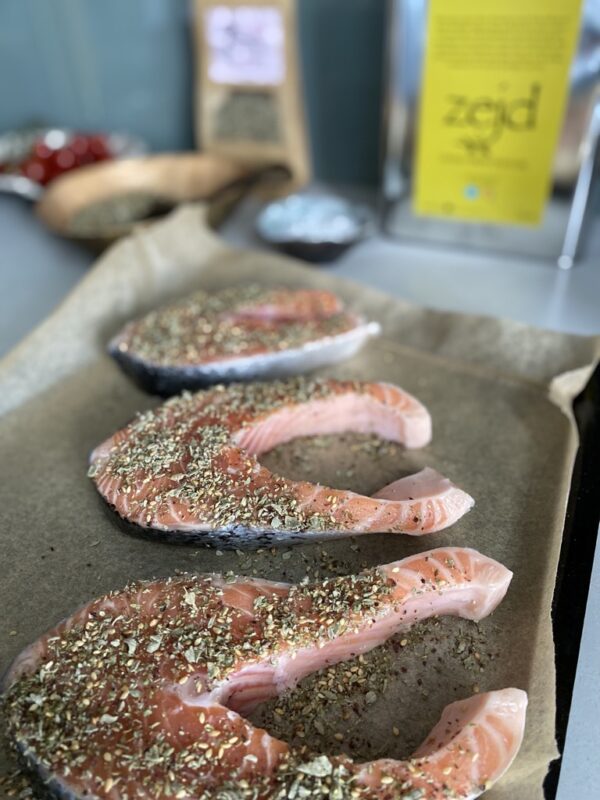 salmon steaks scattered with za'atar mix for mothers day gift