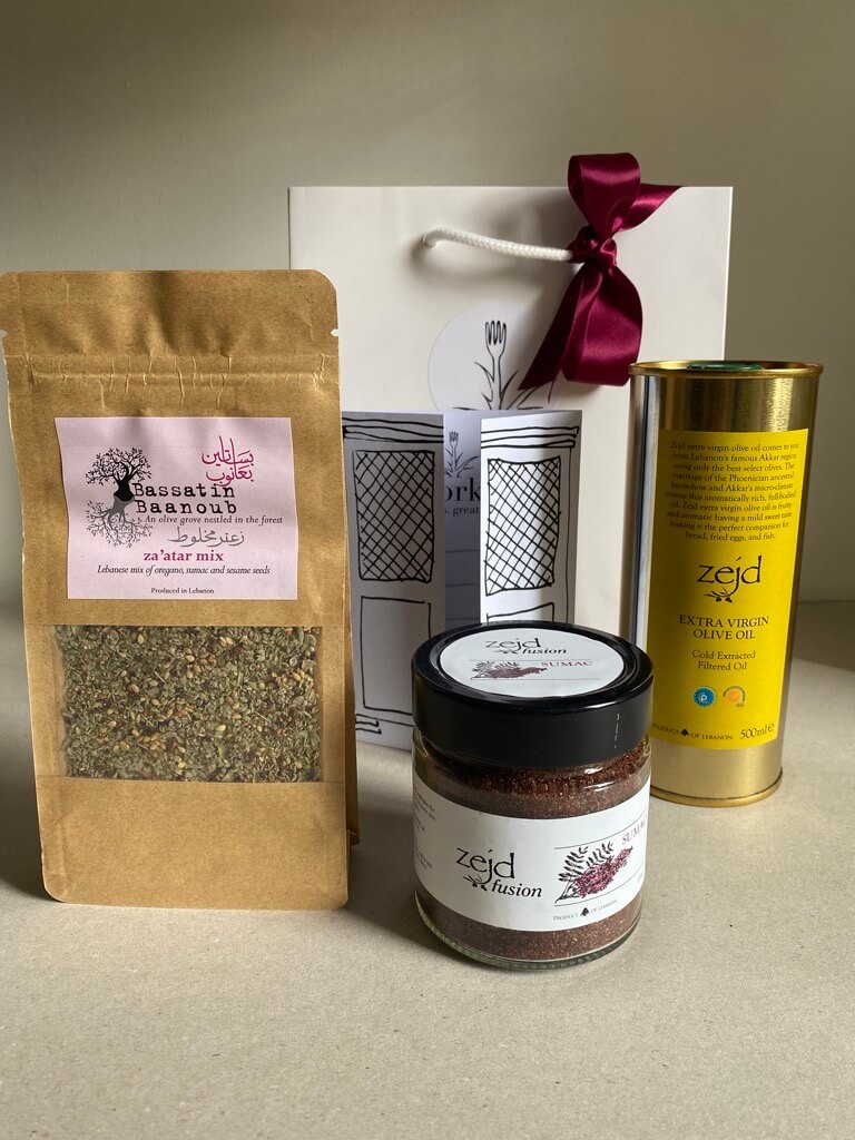 sumac, za'atar and extra virgin olive oil with a gift bag.