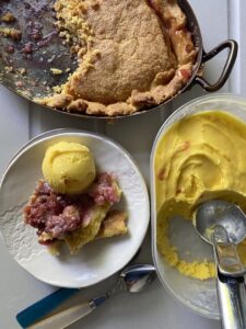 saffron ice cream with rosewater and lokum with a gooseberry tatin